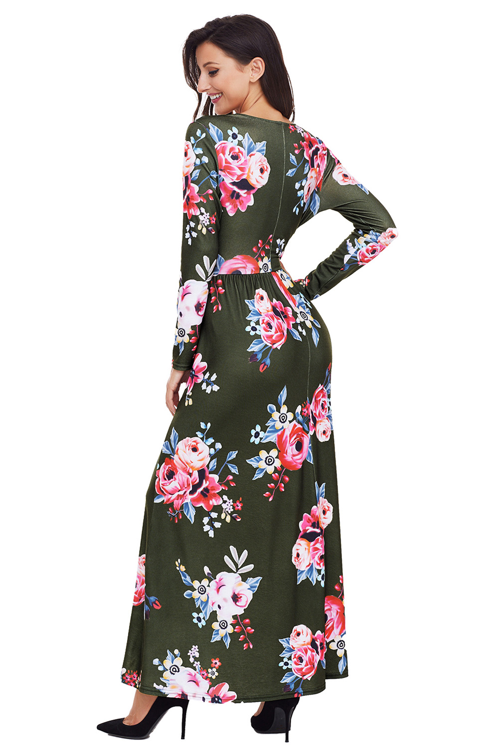 BY61772-9 Olive Floral Surplice Long Sleeve Maxi Boho Dress